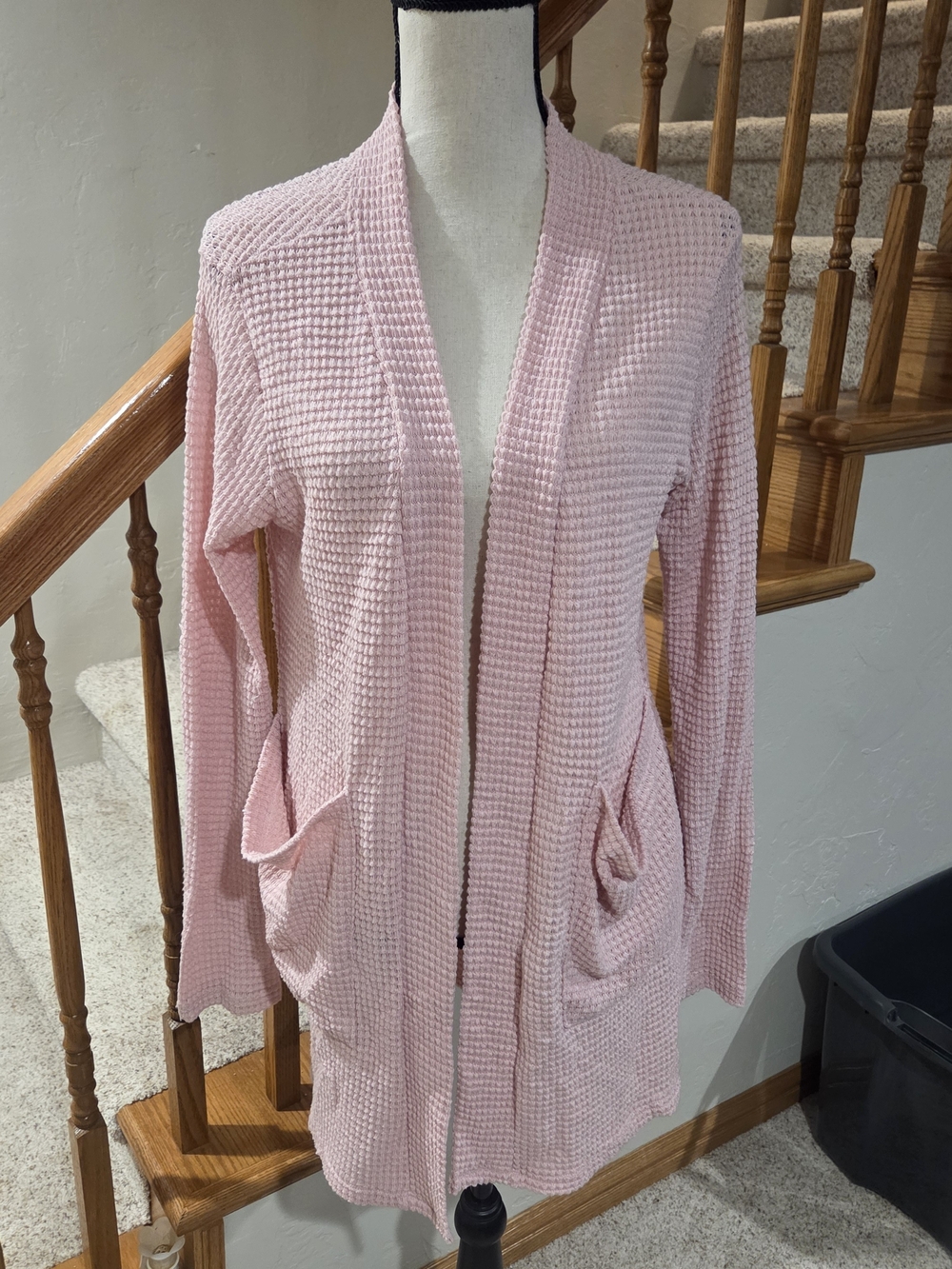 Soft Pink Waffle-Knit Open Cardigan with Pockets